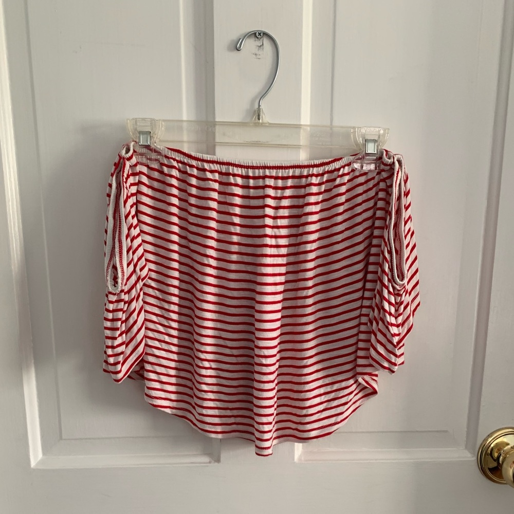 Red striped off the shoulder top